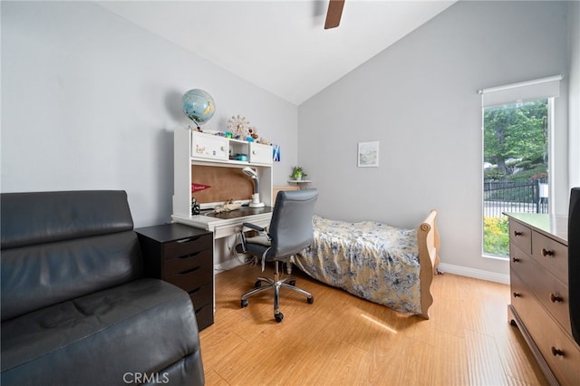 15796 Midwood Dr Unit 6, Granada Hills, CA 91344 - bedroom with lofted ceiling, light wood-style floors, a desk, baseboards, and ceiling fan