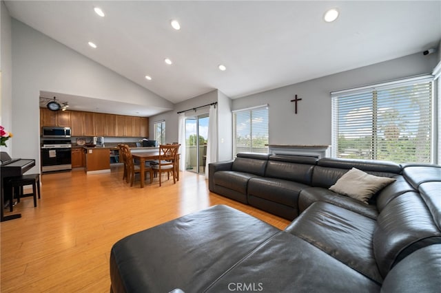 15796 Midwood Dr Unit 6, Granada Hills, CA 91344 - living room featuring recessed lighting, light wood-style flooring, and high vaulted ceiling
