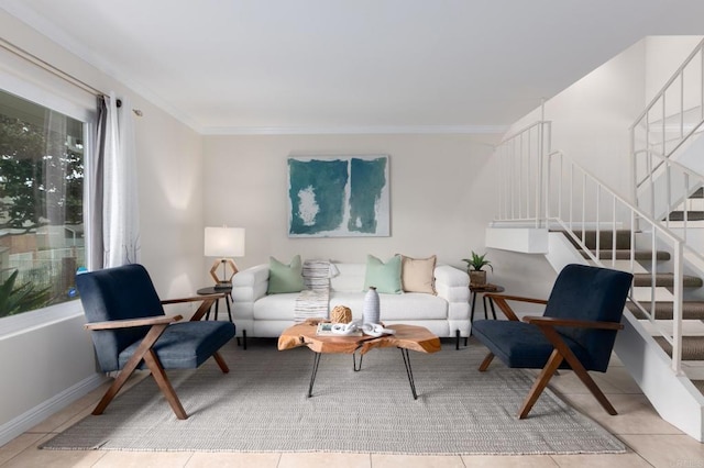 tiled living area featuring crown molding, stairway, and baseboards