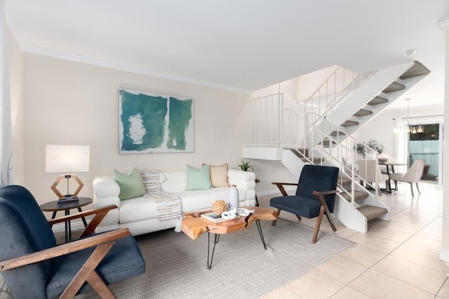 827 Del Mar Downs Rd Unit E, Solana Beach, CA 92075 - living room featuring stairway, light tile patterned flooring, crown molding, and baseboards