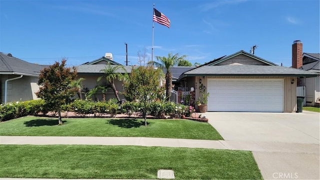 ranch-style home featuring an attached garage, driveway, and a front lawn
