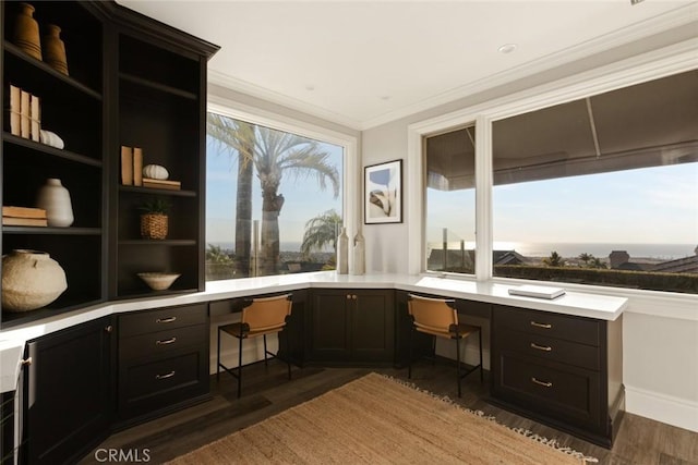 office area with built in study area, dark wood-style flooring, and crown molding
