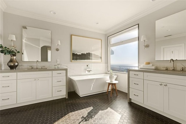 bathroom featuring a sink, a soaking tub, and ornamental molding