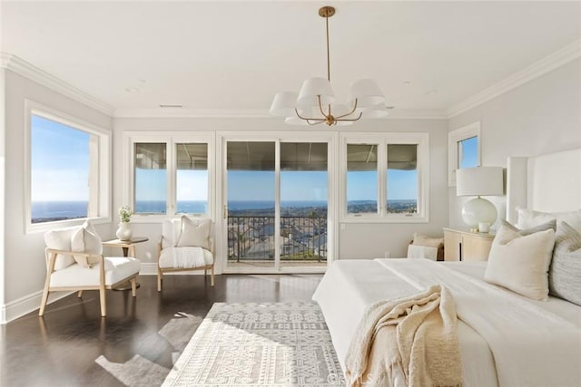 bedroom featuring wood finished floors, crown molding, an inviting chandelier, baseboards, and access to exterior