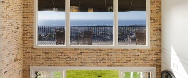 interior details with a water view