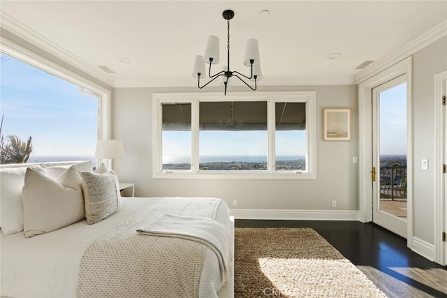 bedroom with ornamental molding, baseboards, dark wood-type flooring, a chandelier, and access to outside