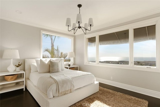 bedroom featuring crown molding, a chandelier, baseboards, and dark wood-style floors