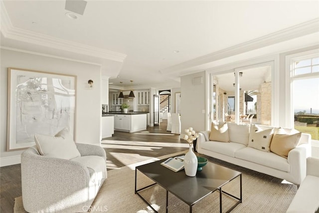 living room with baseboards, crown molding, and dark wood-type flooring