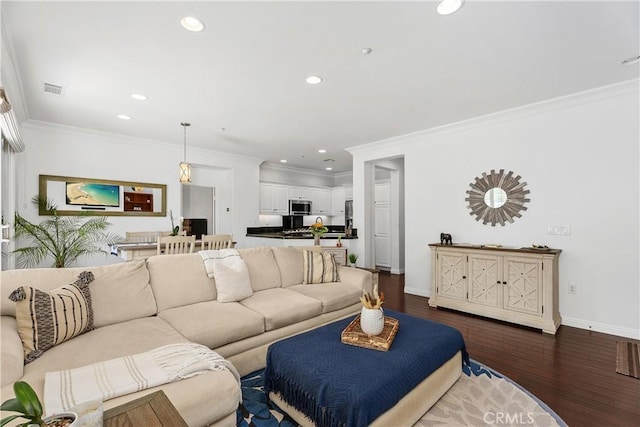 94 Paseo Vis, San Clemente, CA 92673 - living room featuring baseboards, ornamental molding, dark wood finished floors, and recessed lighting