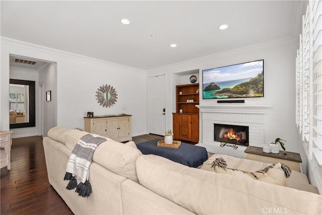 94 Paseo Vis, San Clemente, CA 92673 - living room with ornamental molding, a brick fireplace, baseboards, and dark wood-type flooring
