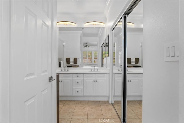 94 Paseo Vis, San Clemente, CA 92673 - bathroom featuring ceiling fan, ornamental molding, double vanity, and a sink
