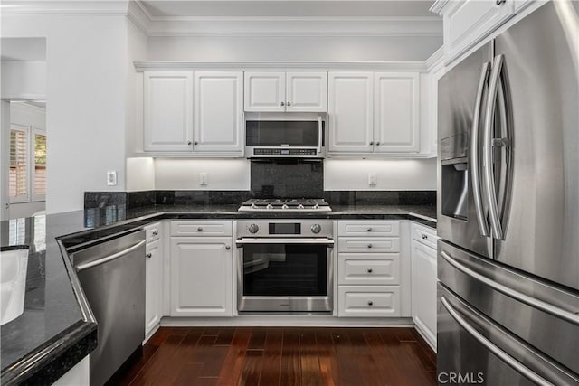 94 Paseo Vis, San Clemente, CA 92673 - kitchen with crown molding, appliances with stainless steel finishes, and white cabinetry