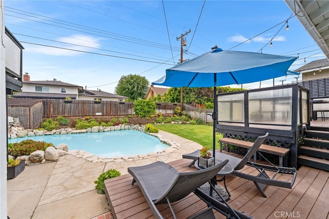 13402 Wheeler, North Tustin, CA 92705 - view of pool with a yard, a wooden deck, a fenced in pool, and a fenced backyard