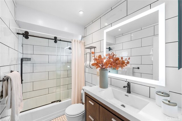 13402 Wheeler, North Tustin, CA 92705 - full bath with toilet, shower / bath combo, tile walls, decorative backsplash, and vanity