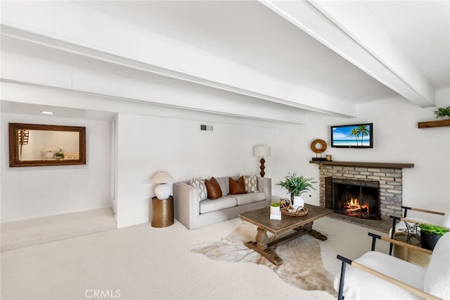 13402 Wheeler, North Tustin, CA 92705 - carpeted living room featuring beam ceiling, visible vents, and a fireplace