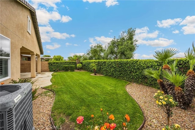 view of yard featuring central AC unit, a patio, and a fenced backyard