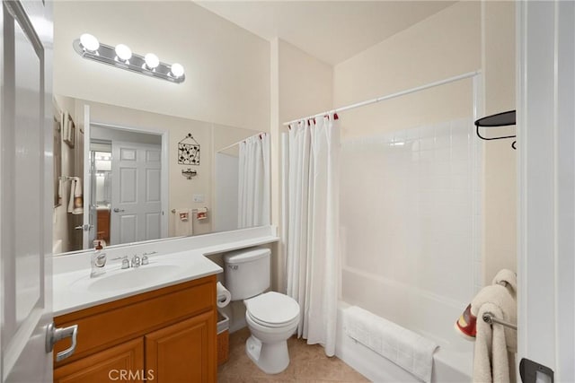 full bath with toilet, shower / tub combo with curtain, tile patterned floors, and vanity