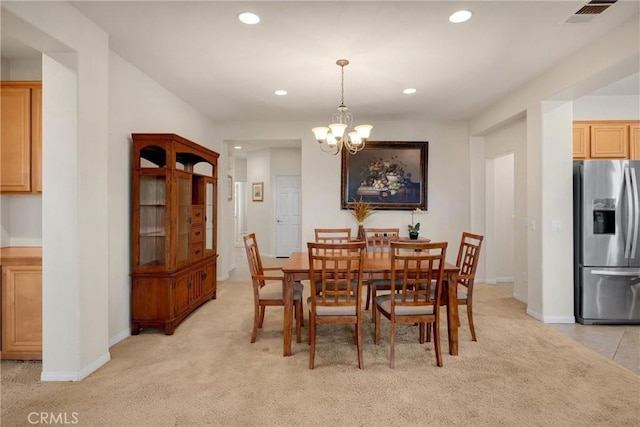 dining room with an inviting chandelier, visible vents, baseboards, light carpet, and recessed lighting
