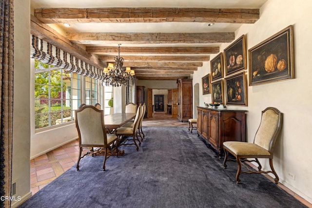 3325 Figueroa Mountain Rd, Los Olivos, CA 93441 - dining area with a chandelier, baseboards, and beamed ceiling