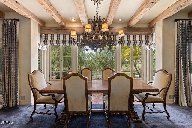 3325 Figueroa Mountain Rd, Los Olivos, CA 93441 - carpeted dining space featuring a chandelier, beamed ceiling, and baseboards