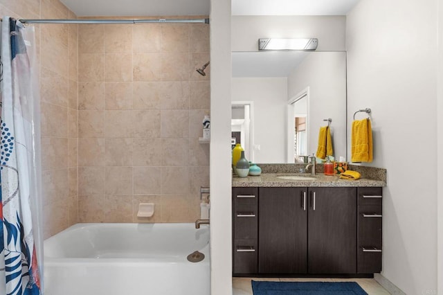 bathroom with vanity and shower / bath combination with curtain