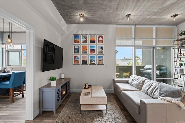 living area with baseboards and wood finished floors