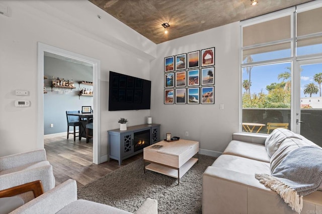 living area featuring baseboards and wood finished floors