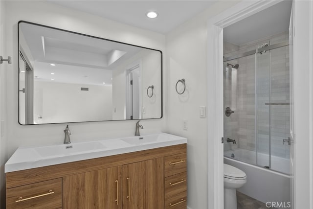 24431 La Glorita Cir, Newhall, CA 91321 - bathroom with toilet, double vanity, a sink, and shower / bath combination with glass door