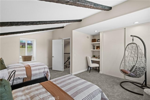 bedroom with recessed lighting, visible vents, beamed ceiling, and carpet floors