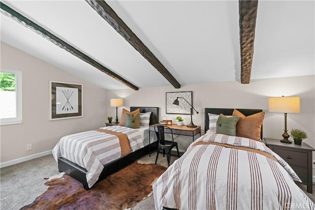 bedroom featuring carpet flooring, lofted ceiling with beams, and baseboards