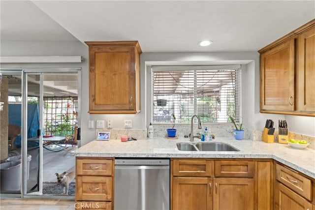 kitchen with brown cabinets, plenty of natural light, a sink, and stainless steel dishwasher