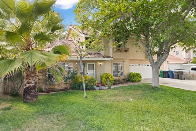 view of front of home with a garage, stucco siding, driveway, and a front yard