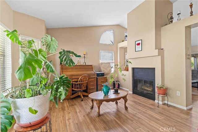 sitting room featuring vaulted ceiling, plenty of natural light, and wood finished floors