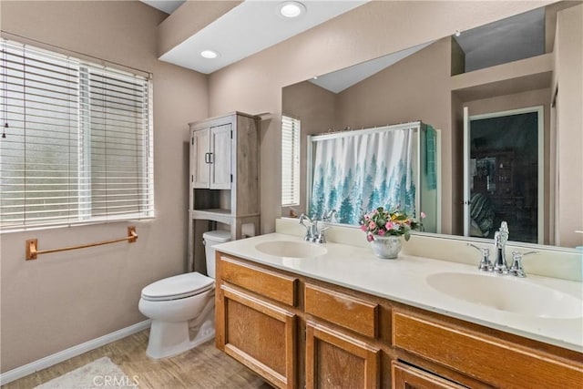 bathroom with double vanity, toilet, wood finished floors, and a sink