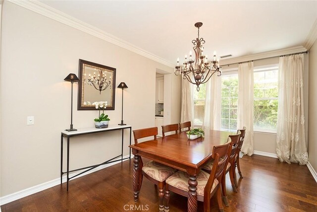 1472 Nicolas Way, Fullerton, CA 92833 - dining area with a chandelier, ornamental molding, dark wood-style floors, and baseboards