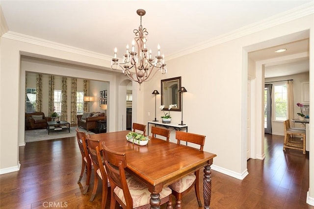 1472 Nicolas Way, Fullerton, CA 92833 - dining space with dark wood-style flooring, a chandelier, ornamental molding, and baseboards
