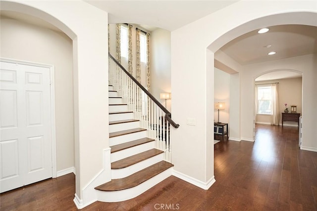1472 Nicolas Way, Fullerton, CA 92833 - stairs with wood-type flooring, arched walkways, baseboards, and recessed lighting