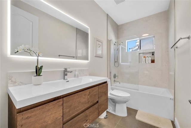 full bathroom with vanity, toilet, tub / shower combination, and tile patterned floors