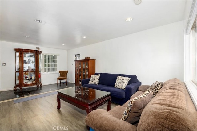 living area featuring baseboards, recessed lighting, and wood finished floors