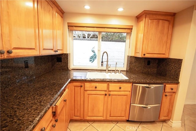 3926 Corte Cancion, Thousand Oaks, CA 91360 - kitchen with dark stone counters, light tile patterned floors, stainless steel dishwasher, and a sink