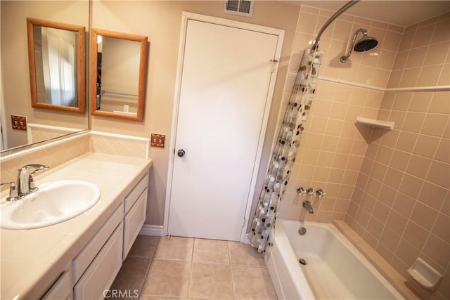 3926 Corte Cancion, Thousand Oaks, CA 91360 - bathroom featuring shower / tub combo with curtain, visible vents, tile patterned floors, vanity, and backsplash