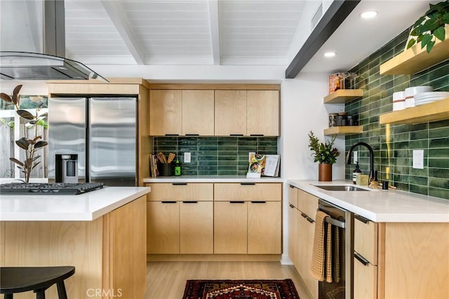 3130 Kallin Ave, Long Beach, CA 90808 - kitchen featuring stainless steel fridge with ice dispenser, a sink, wall chimney exhaust hood, backsplash, and beamed ceiling