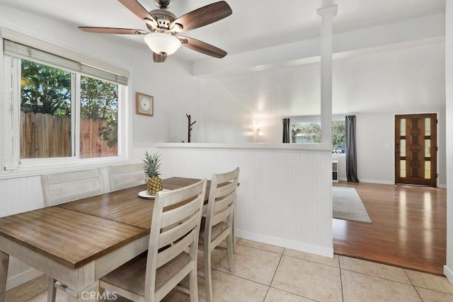 1229 Kilson Dr, Santa Ana, CA 92707 - dining space with healthy amount of natural light, light tile patterned flooring, vaulted ceiling, wainscoting, and a ceiling fan
