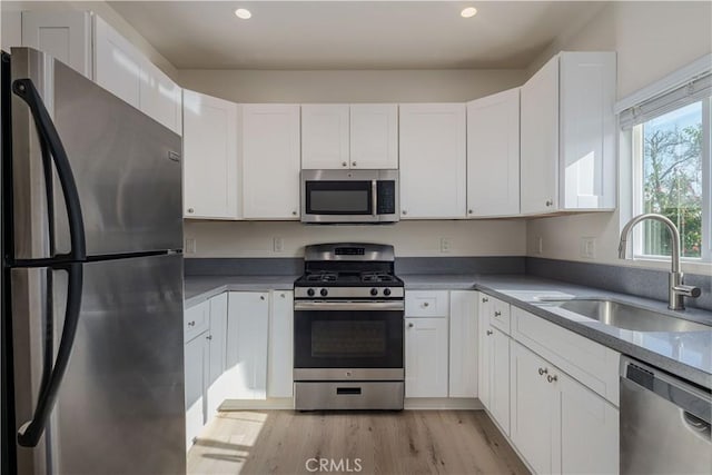1271 S Sycamore Ave, Los Angeles, CA 90019 - kitchen featuring recessed lighting, a sink, white cabinetry, light wood-style floors, and appliances with stainless steel finishes