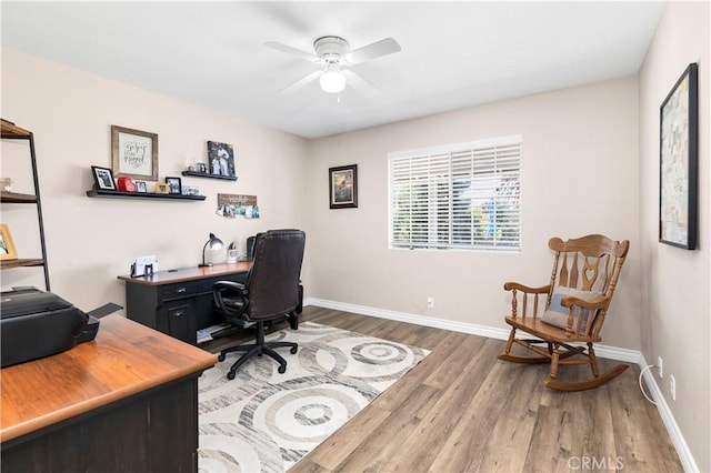 office with wood finished floors, baseboards, and ceiling fan