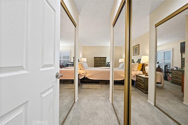 bedroom with light colored carpet