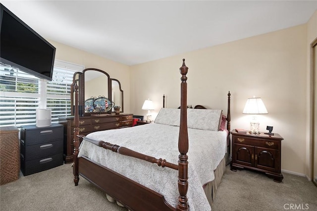 bedroom with light carpet