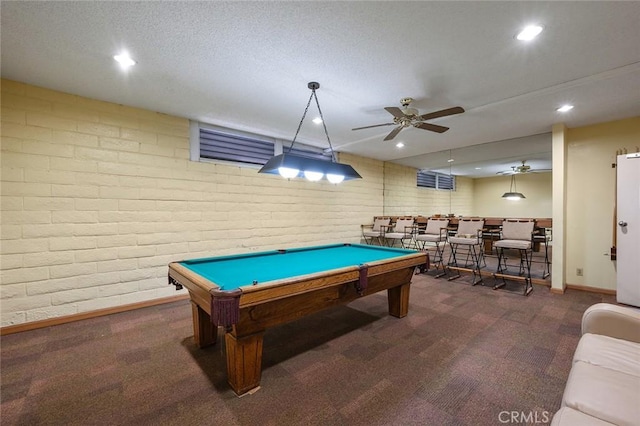 game room with brick wall, carpet floors, baseboards, billiards, and recessed lighting