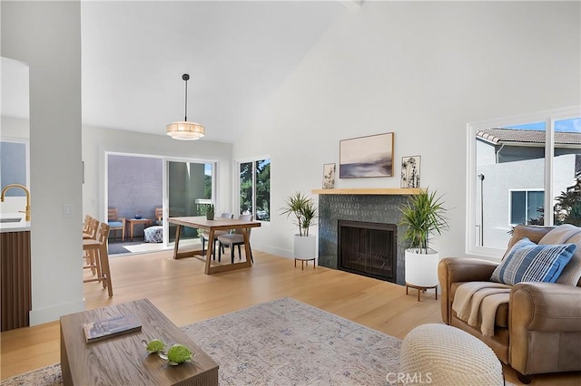 living room featuring wood finished floors, a fireplace, baseboards, and high vaulted ceiling