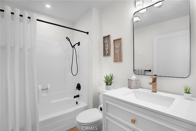 full bath with toilet, recessed lighting, vanity, and shower / bath combo with shower curtain
